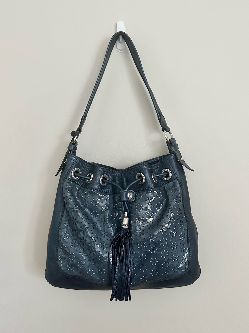 Brighton Navy Blue Leather Laser Cut Floral Tassel Bucket Shoulder Bag Y2K Boho